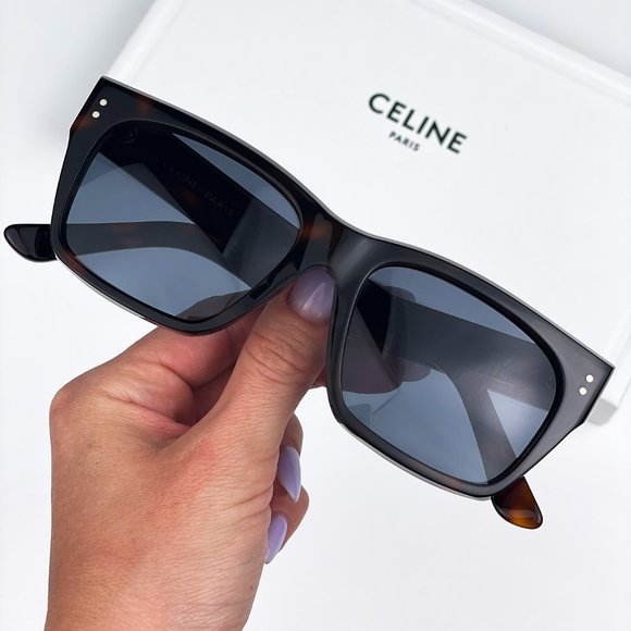 🔥CELINE CL40082F 52V Sunglasses Shiny Dark Havana Blue Square Unisex - Picture 2 of 13